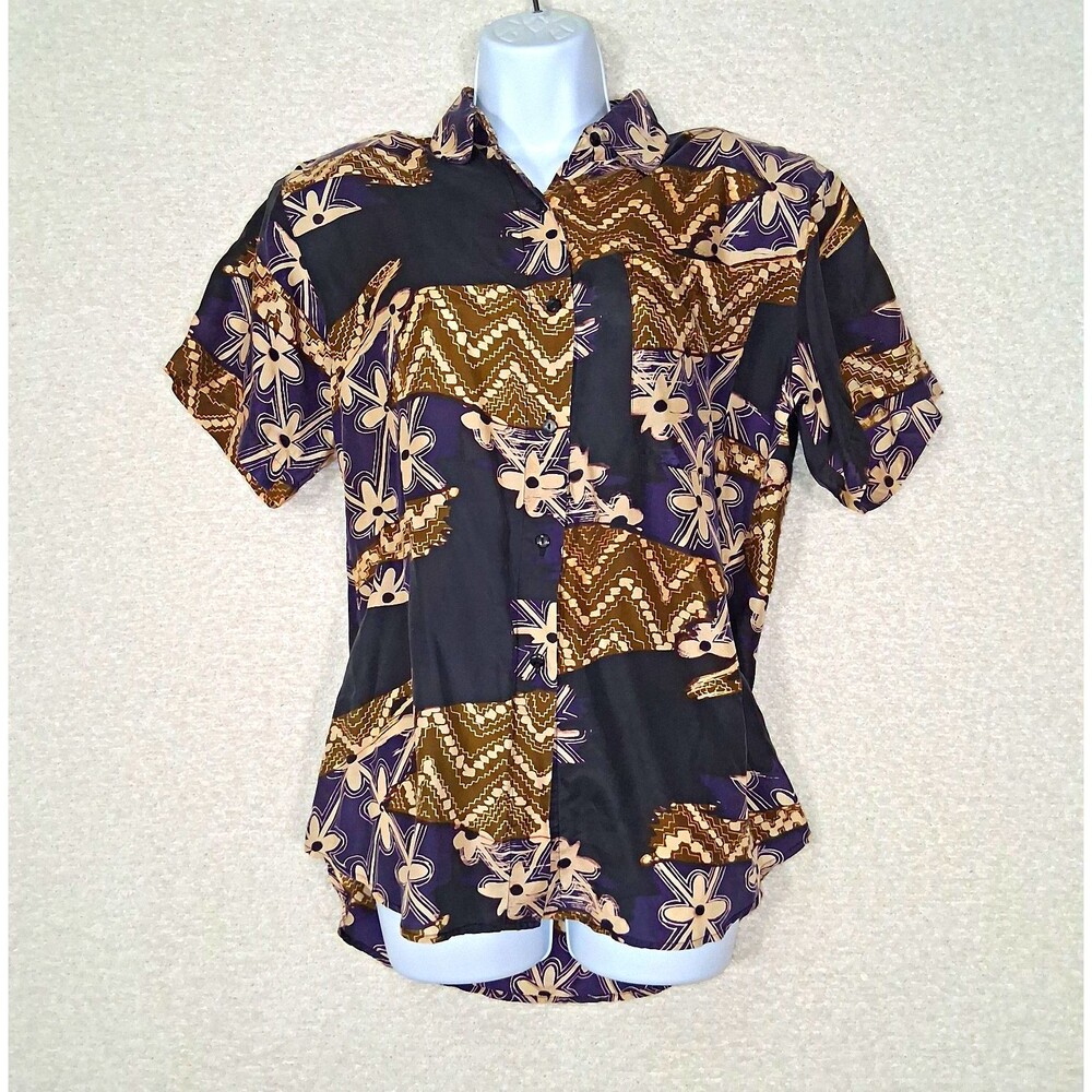 VTG Robert Stock 100% Silk Retro Blouse Sz S 80s 90s Patchwork Eclectic Bold